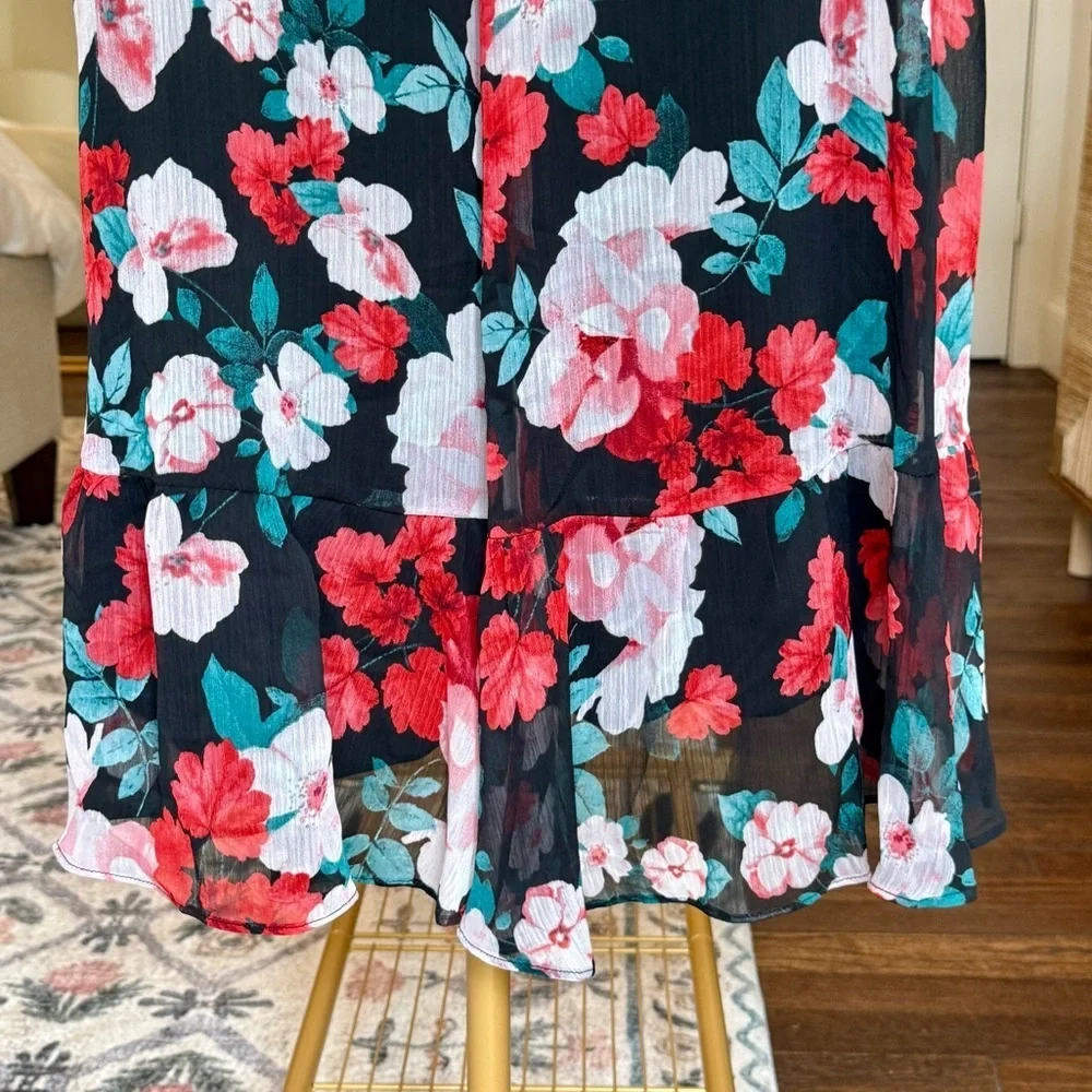Calvin Klein Faux Wrap Black Red Floral Midi Wrap Dress - Size 8 - Picture 8 of 11